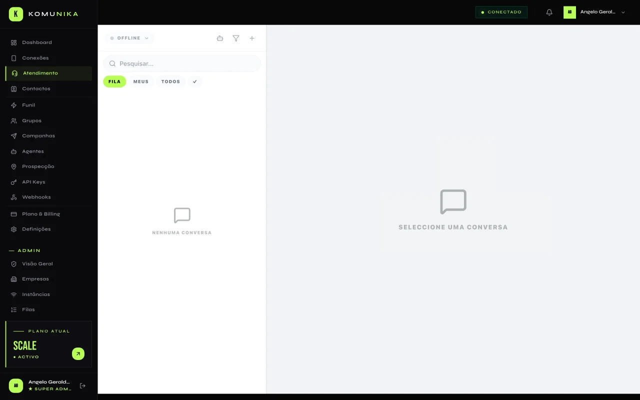 Painel de atendimento Komunika · sidebar com módulos, fila e área de conversa